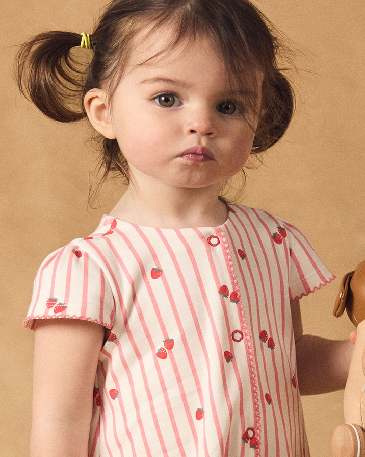 Short-sleeve striped onesie with strawberry print Coral colour  Sergent Major