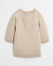 Embroidered Merino wool dress Mottled beige colour Natalys