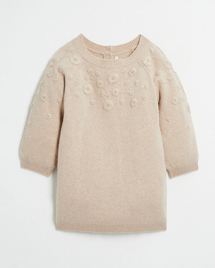 Embroidered Merino wool dress Mottled beige colour Natalys