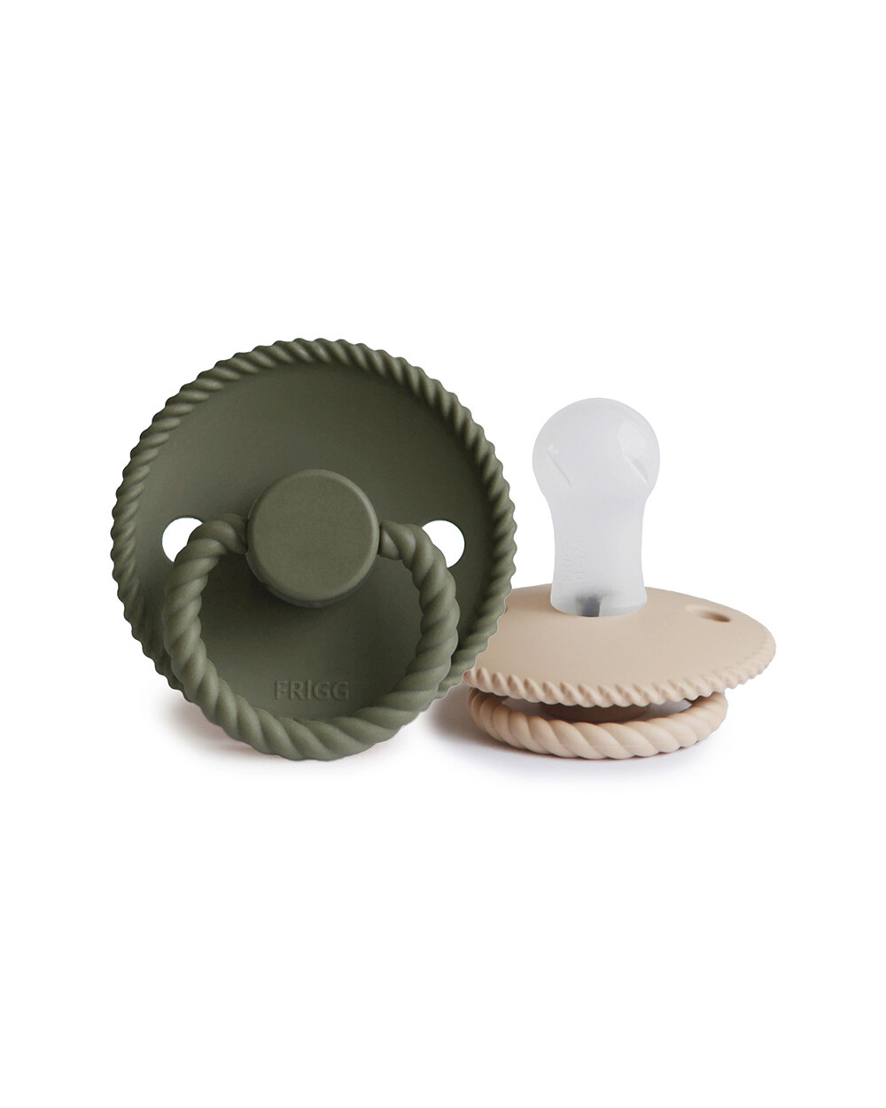 Set of 2 silicone Rope pacifiers Crescent/olive colour Frigg