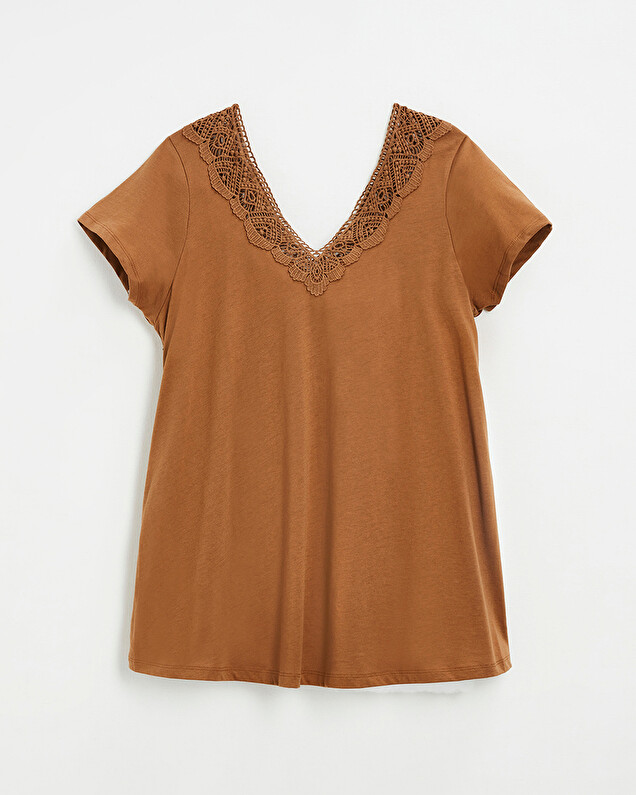 Camel lace-finish t-shirt Camel color  Natalys