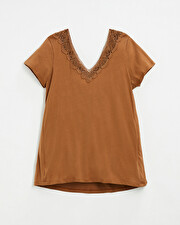 Camel lace-finish t-shirt Camel color Natalys