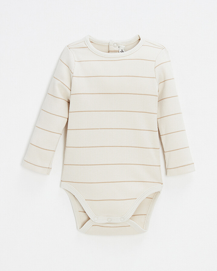 Long-sleeved striped bodysuit Ecru color  Natalys