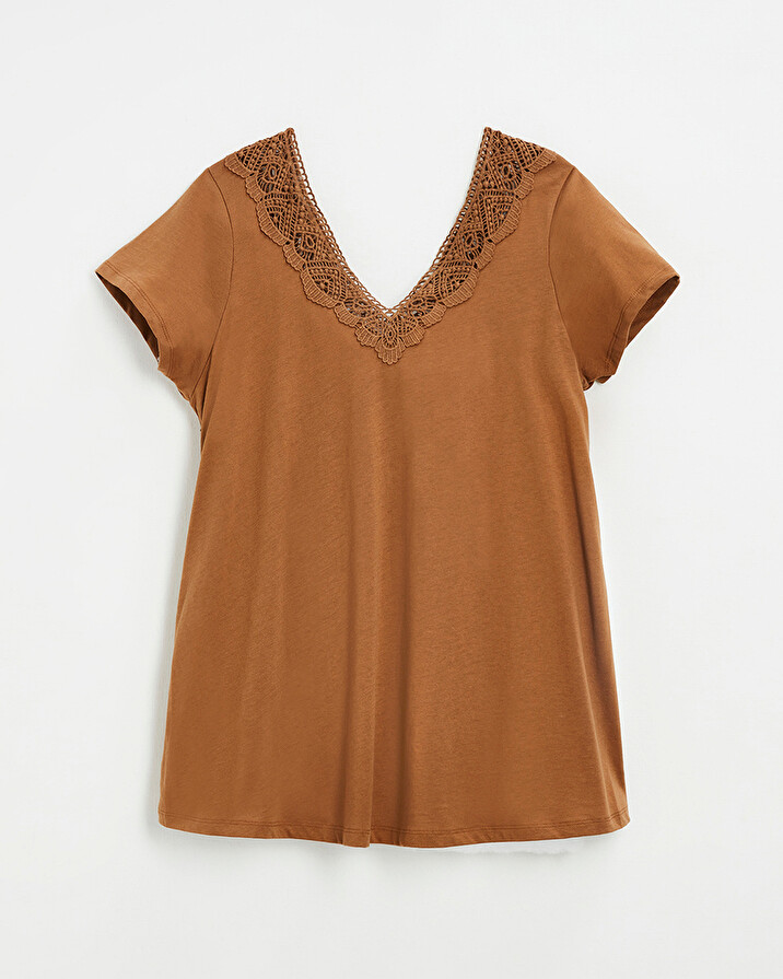 Camel lace-finish t-shirt Camel color Natalys