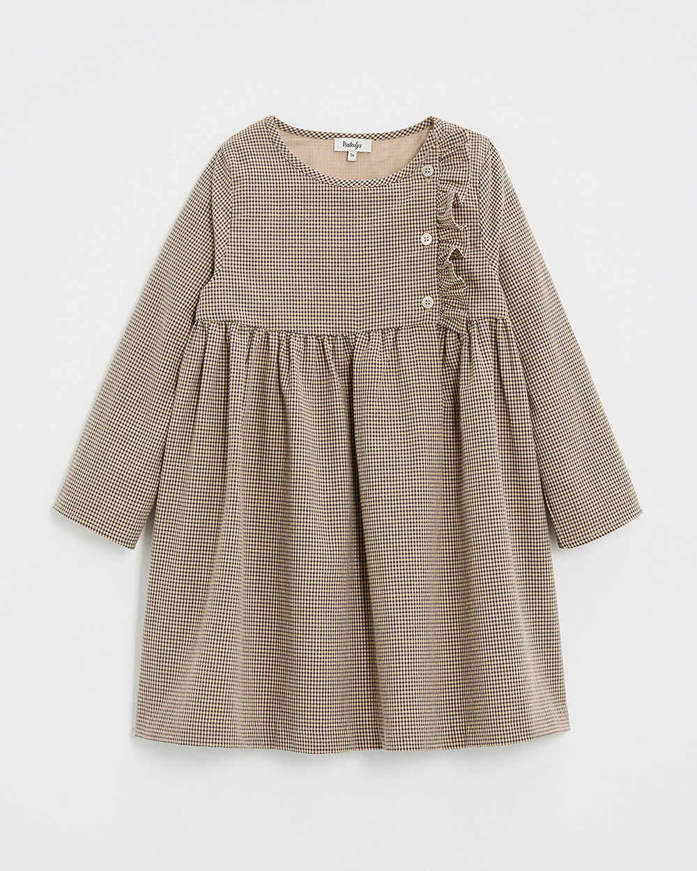 Long-sleeved gingham dress Anthracite grey/beige color  Natalys