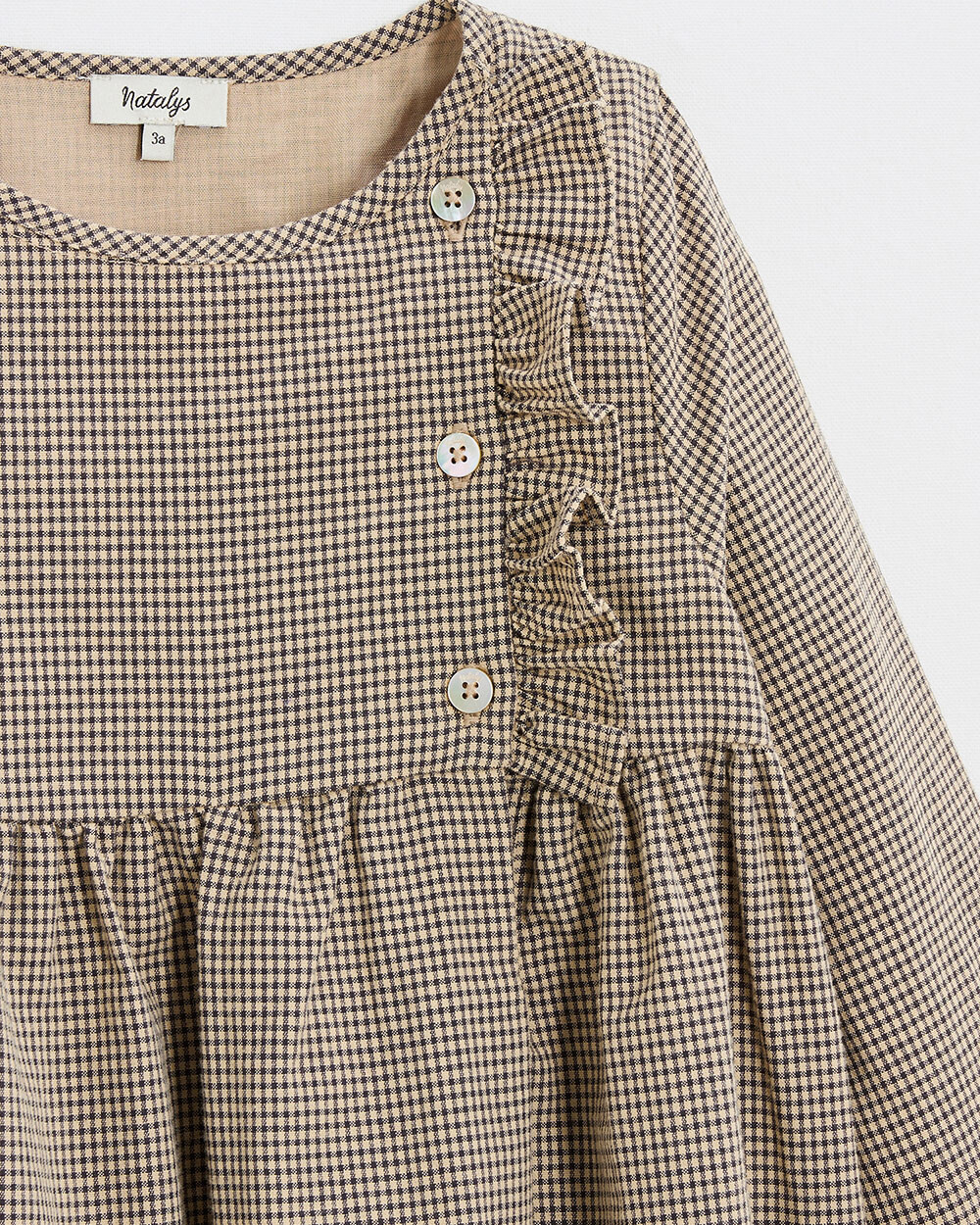 Long-sleeved gingham dress Anthracite grey/beige color  Natalys