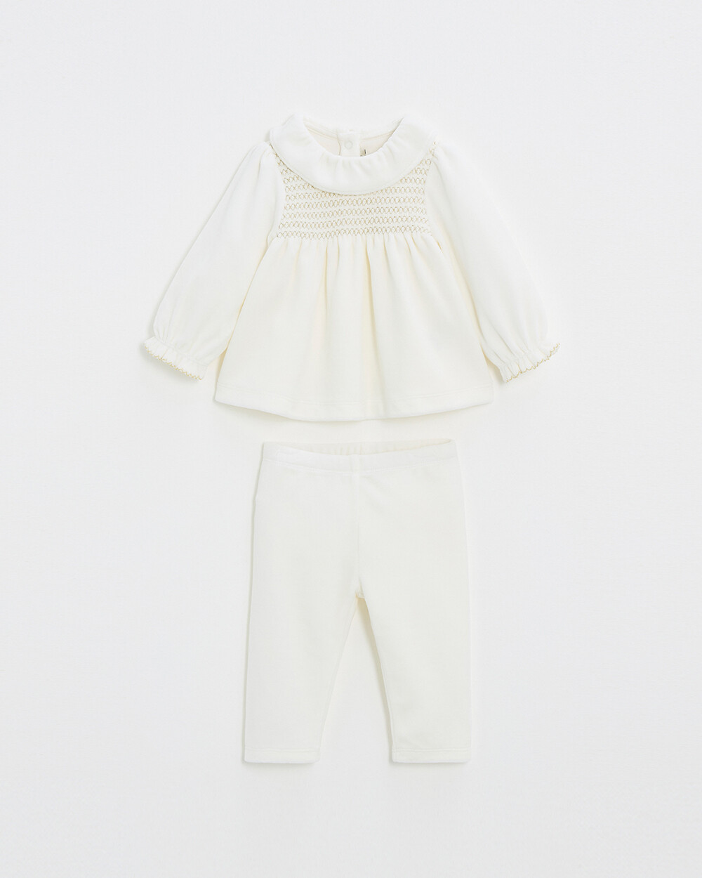 Two-piece pajamas in smocked velvet Ecru color Natalys