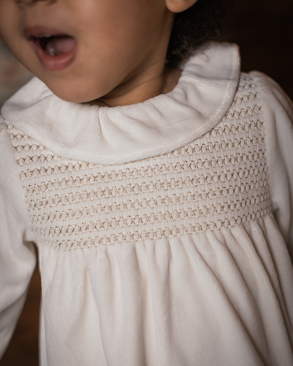 Two-piece pajamas in smocked velvet Ecru color Natalys