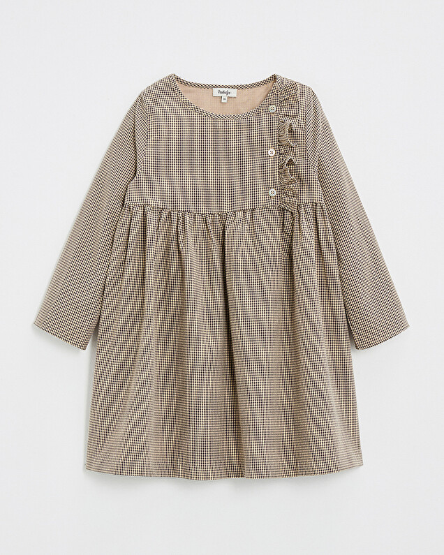 Long-sleeved gingham dress Anthracite grey/beige color  Natalys