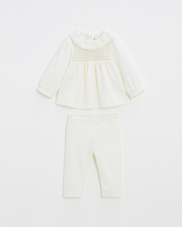Two-piece pajamas in smocked velvet Ecru color  Natalys