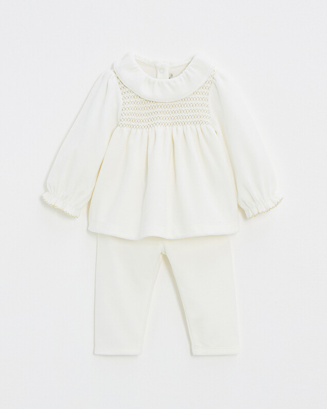 Two-piece pajamas in smocked velvet Ecru color  Natalys