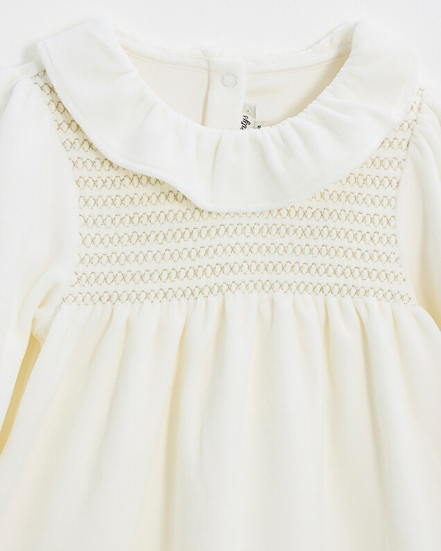 Two-piece pajamas in smocked velvet Ecru color  Natalys