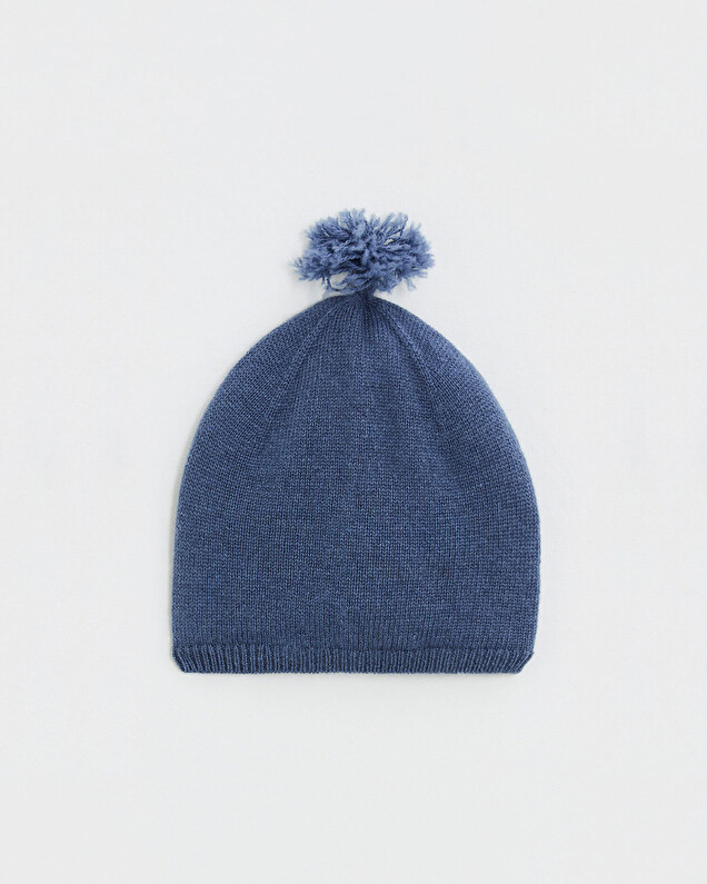 Merino wool pom pom hat Blue color  Natalys