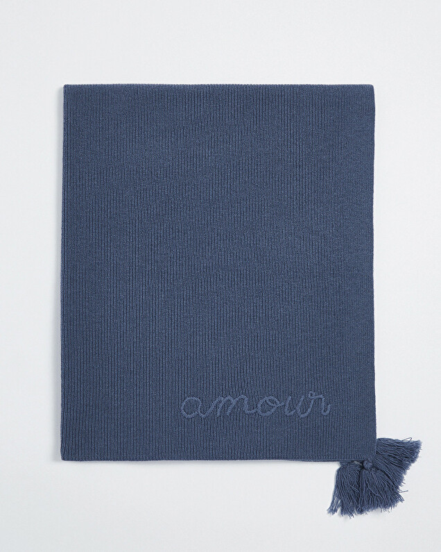 Embroidered Merino wool blanket Blue color  Natalys