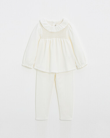 Two-piece pajamas in smocked velvet Ecru color  Natalys