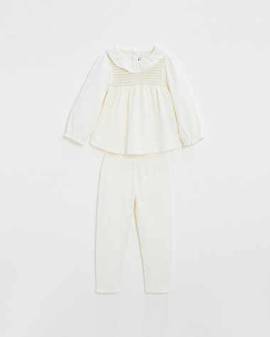 Two-piece pajamas in smocked velvet Ecru color  Natalys