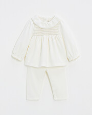 Two-piece pajamas in smocked velvet Ecru color Natalys