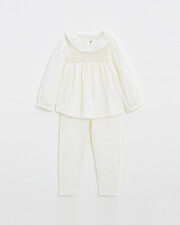 Two-piece pajamas in smocked velvet Ecru color  Natalys