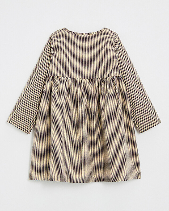 Long-sleeved gingham dress Anthracite grey/beige color  Natalys