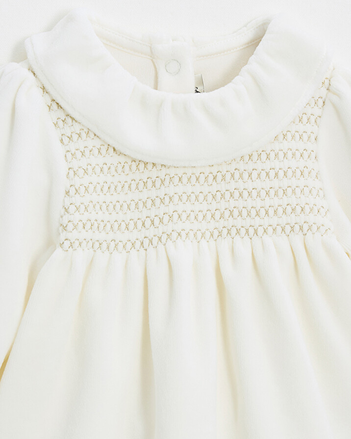 Two-piece pajamas in smocked velvet Ecru color Natalys