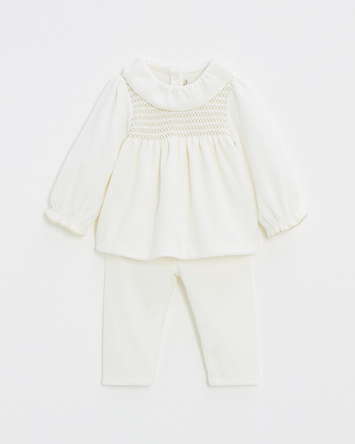 Two-piece pajamas in smocked velvet Ecru color Natalys