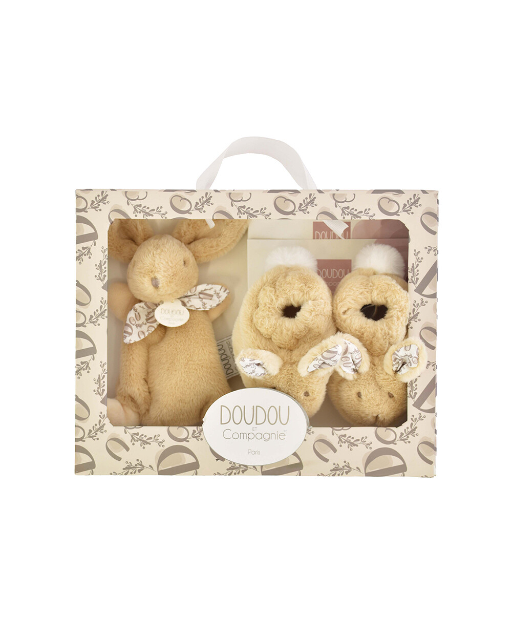 Gift box slippers and cuddly toy 15 cm Beige color  Doudou et Compagnie
