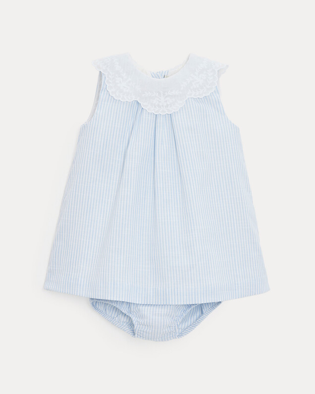 Capucine dress with embroidered collar Blue sky stripes print  Natalys