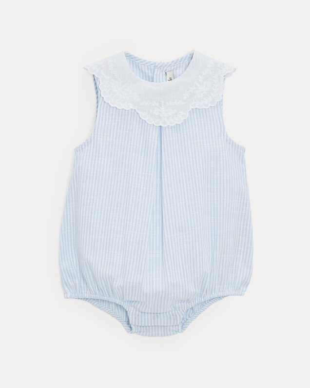 Chloe romper with embroidered collar Blue sky stripes print  Natalys