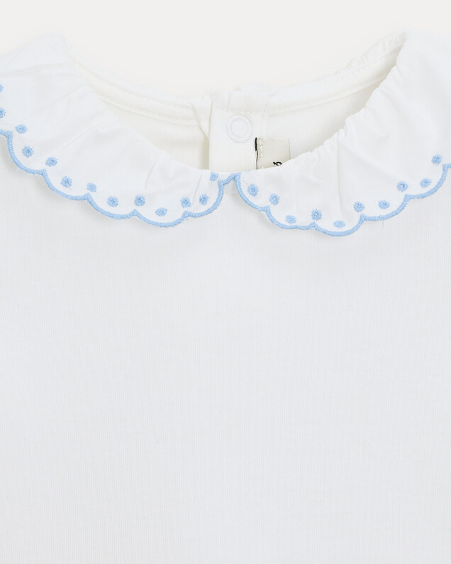 Jeanne short-sleeved bodysuit with embroidered collar Off-white colour/bleu ciel  Natalys