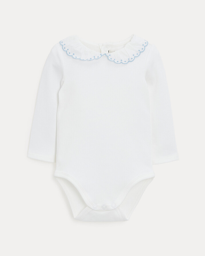 Lily long-sleeved bodysuit with embroidered collar Off-white colour/bleu ciel  Natalys