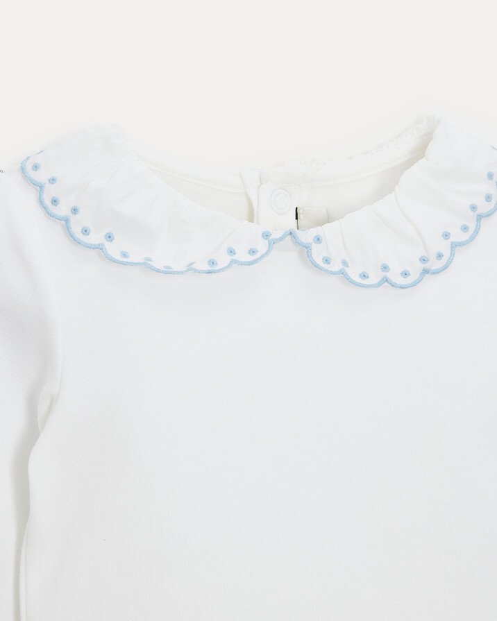 Lily long-sleeved bodysuit with embroidered collar Off-white colour/bleu ciel  Natalys