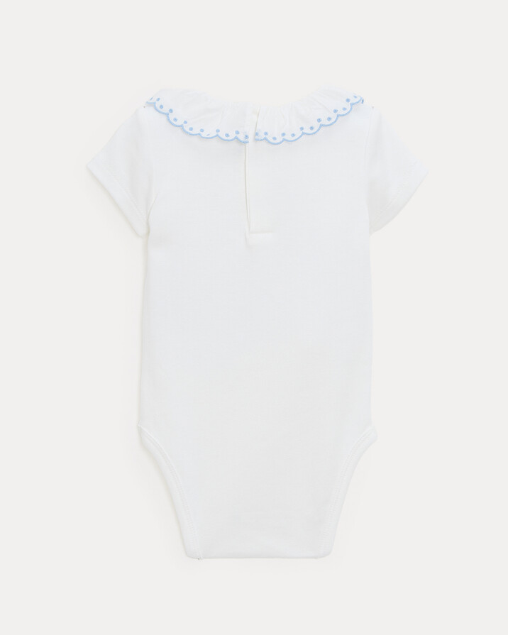 Jeanne short-sleeved bodysuit with embroidered collar Off-white colour/bleu ciel  Natalys