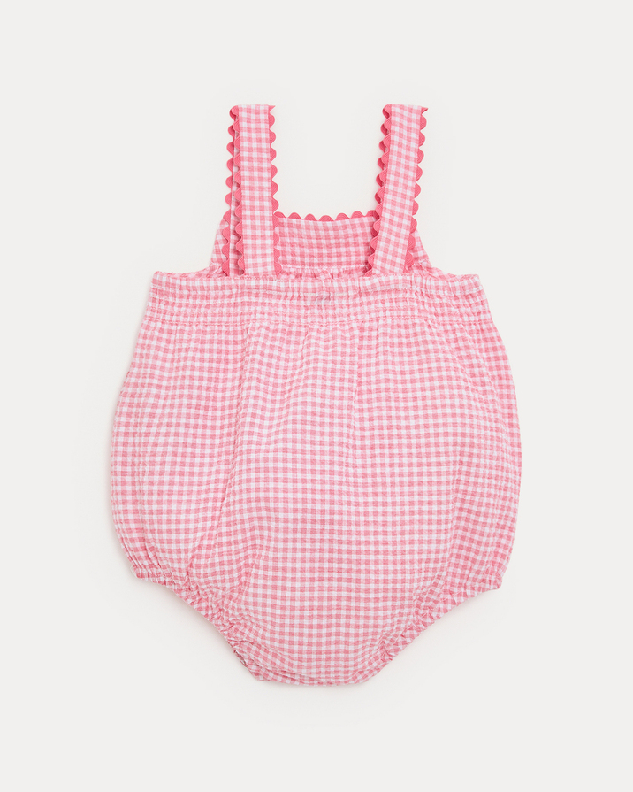 Maxine seersucker romper with straps Pomegranate gingham print Natalys